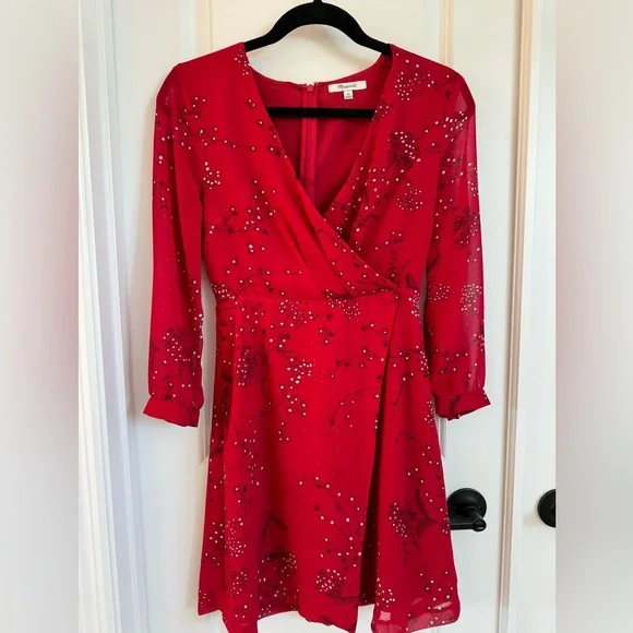 madewell red wrap dress Madewell Womens Hazelwood Wrap Front Dress Size 6 Red Windswept Floral